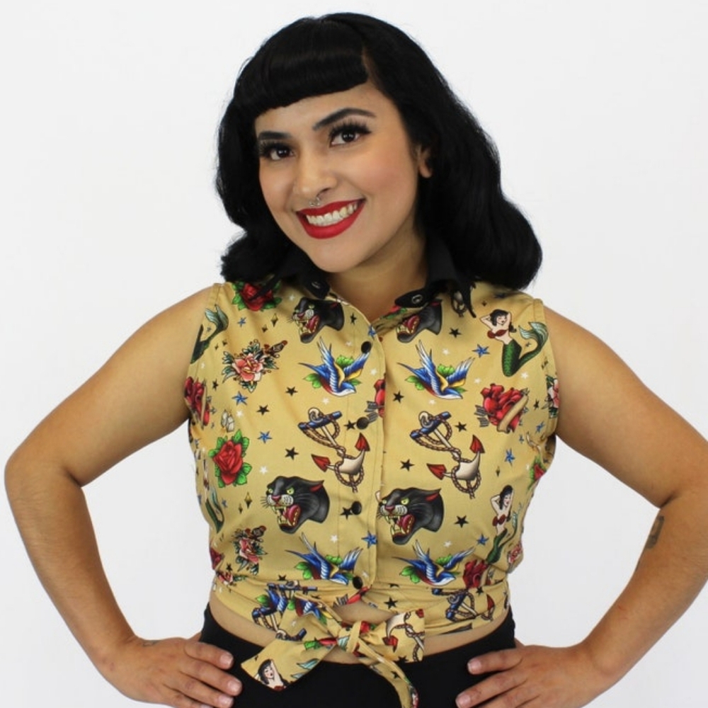 Tattoo Art Sleeveless Tie Crop Top XS-3XL Plus Size